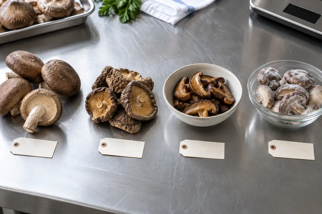 comparison of fresh, dried, cooked and frozen shiitake forms; storage rules depend on the form and history.