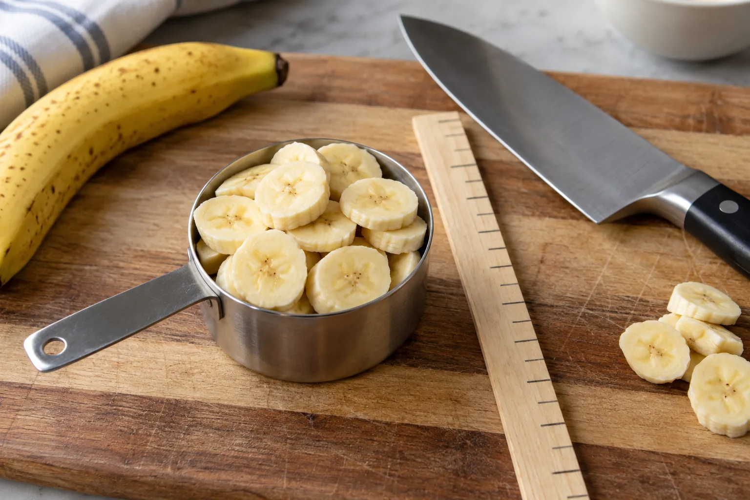 Uniform banana rounds in a measuring cup beside a cutting guide