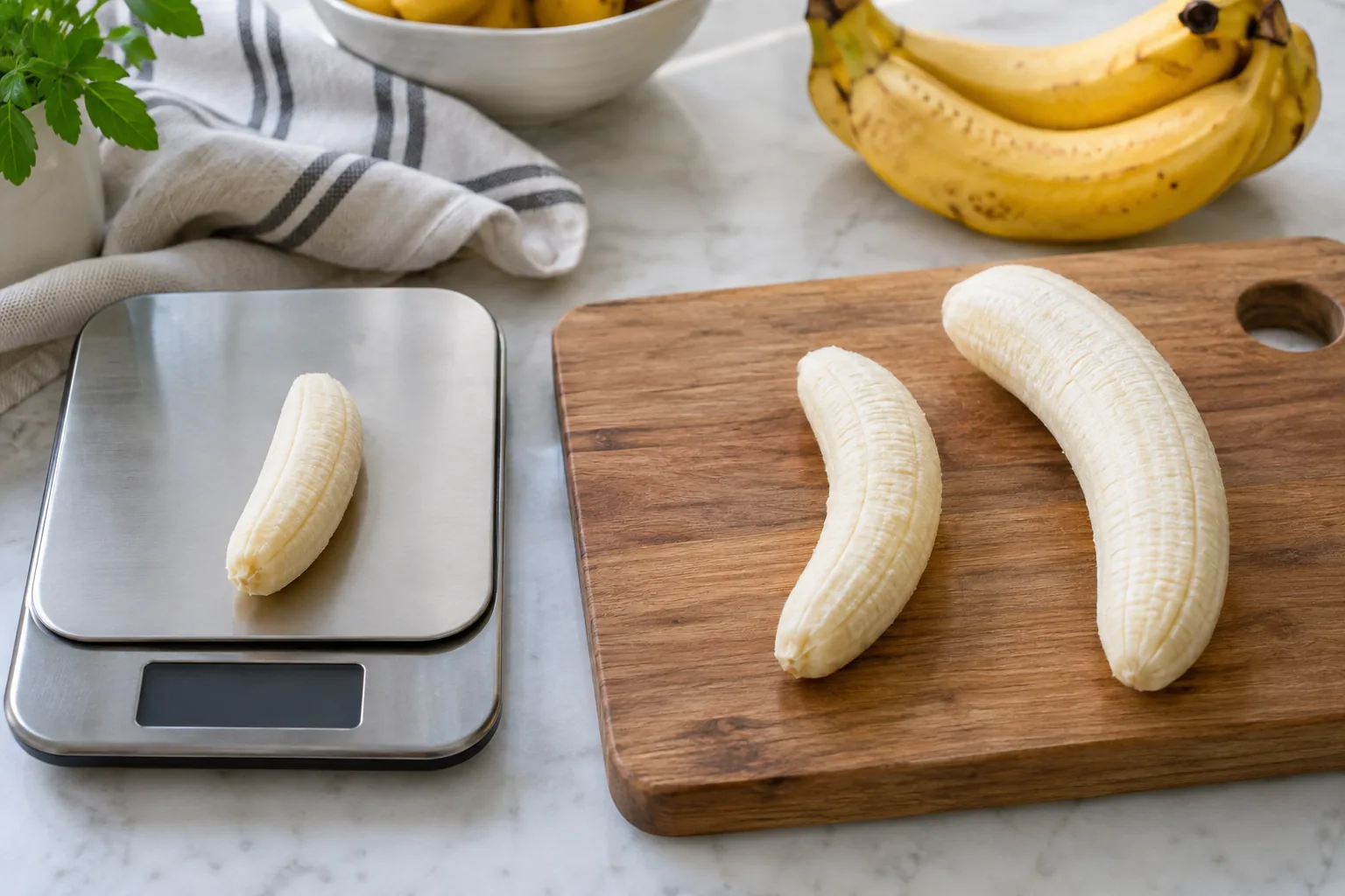 Small, medium and large peeled bananas compared beside a kitchen scale