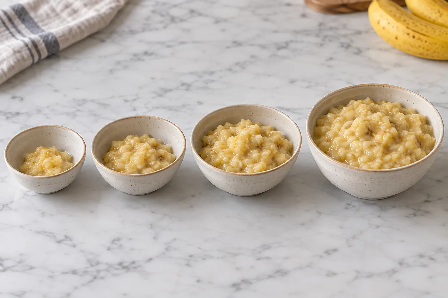 Four increasing bowls of mashed banana for recipe scaling