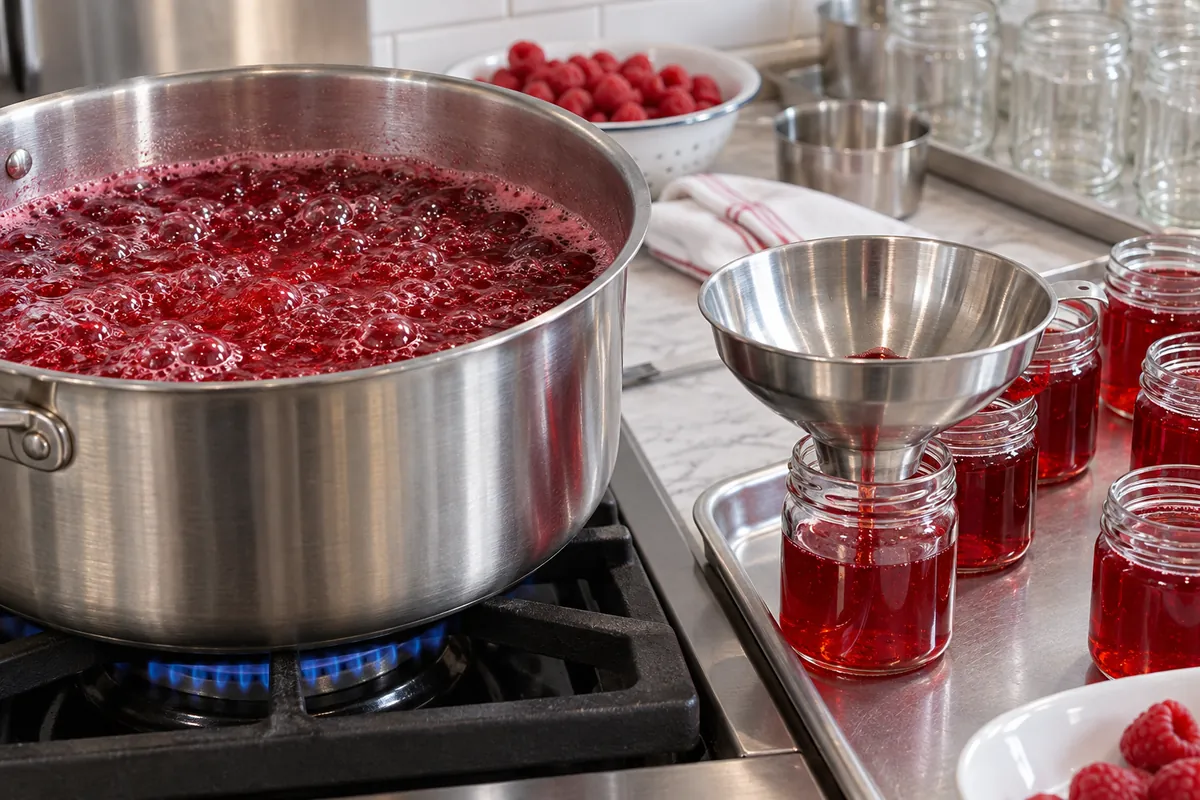 Raspberry jelly boiling and being filled into clean jars - process evidence Raspberry jelly boiling and being filled into clean jars