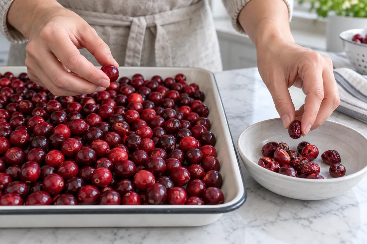 Sorting firm fresh cranberries for decorative coating