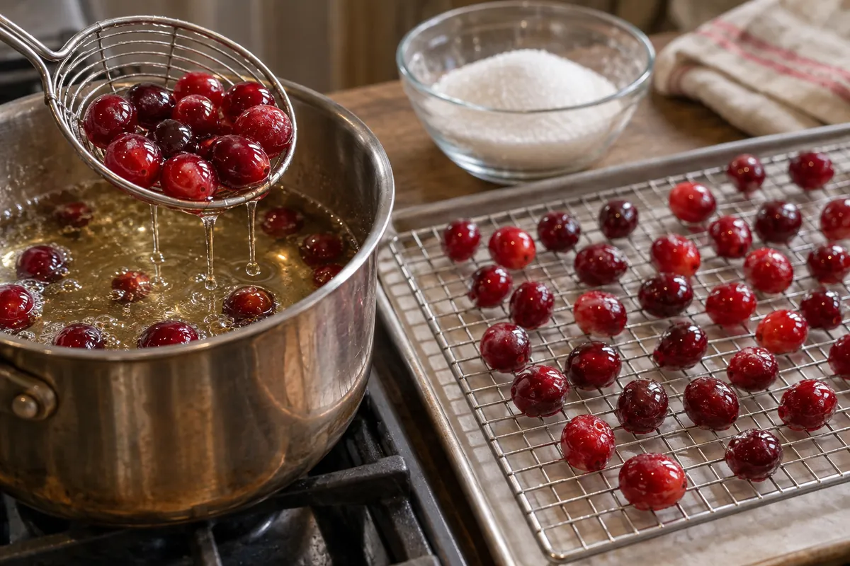 Cranberries coated in syrup and dried on a rack