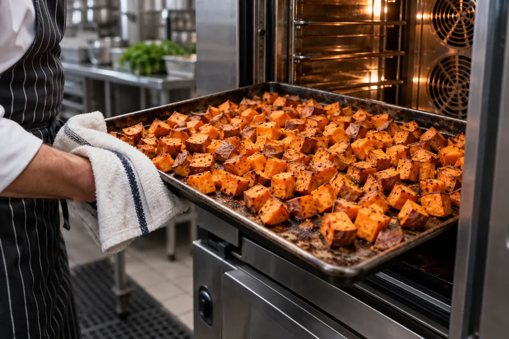 Roasted frozen sweet potato cubes on a wide sheet pan at a commercial oven