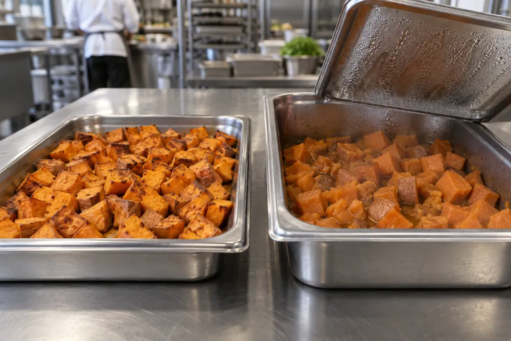 Shallow and deep service pans compare roasted sweet potato holding