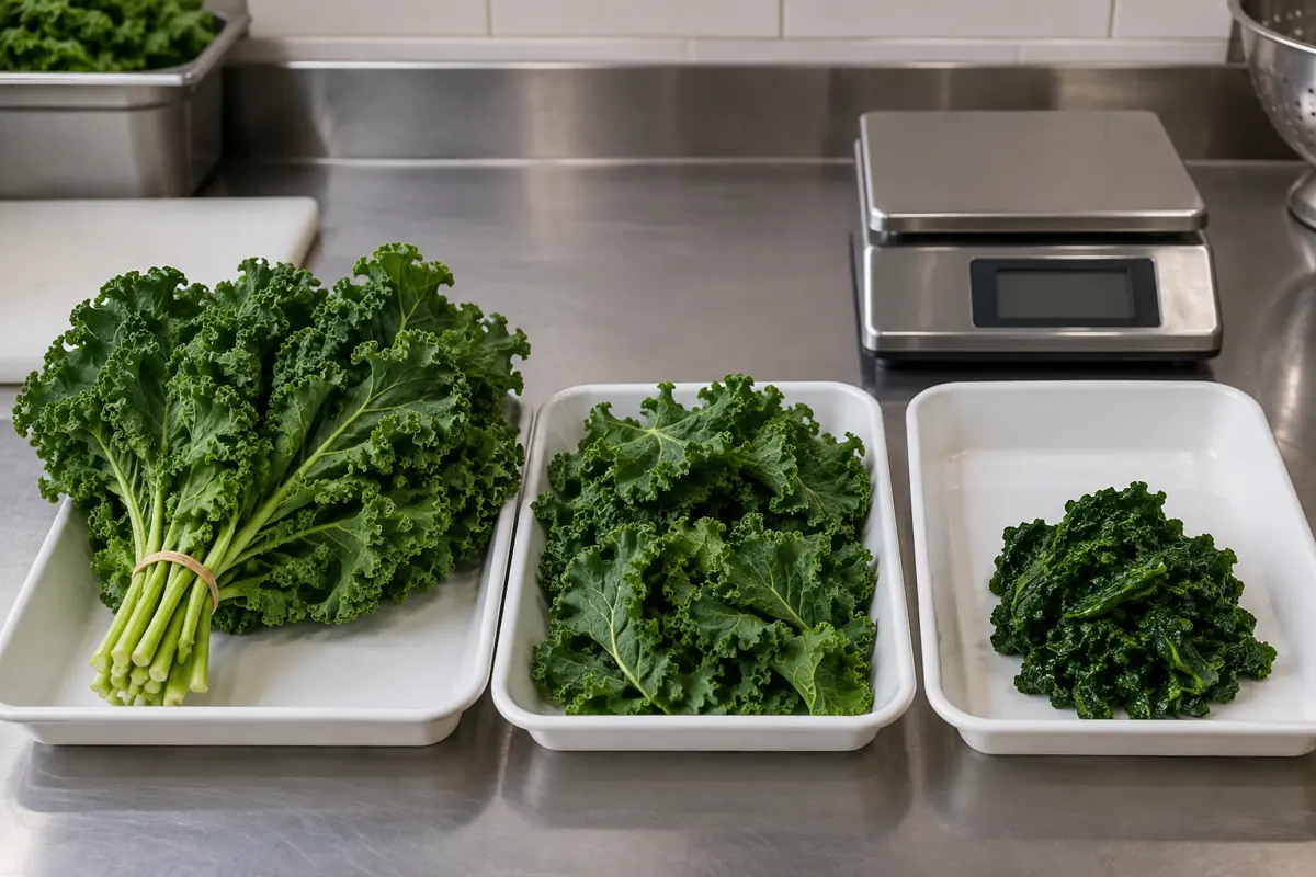 Fresh bunch trimmed leaves and cooked kale on a prep bench