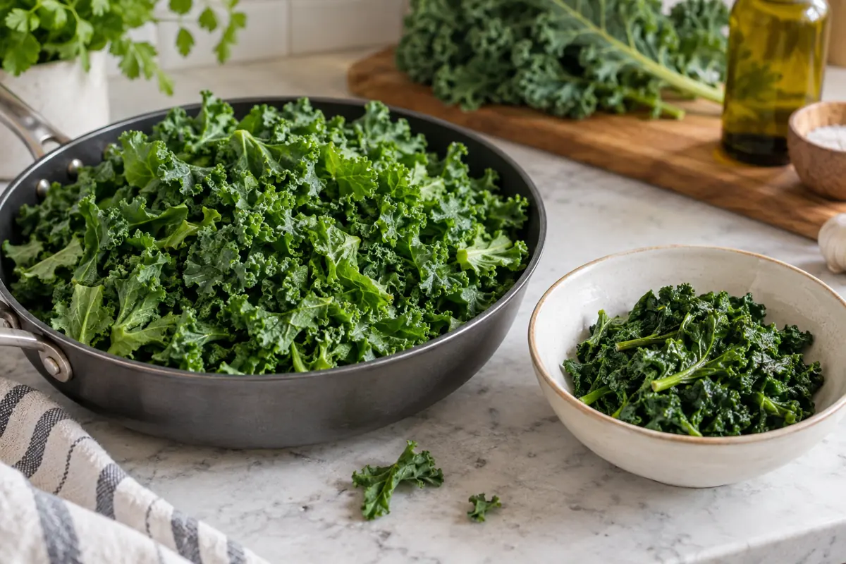 Fresh chopped kale beside a smaller cooked portion