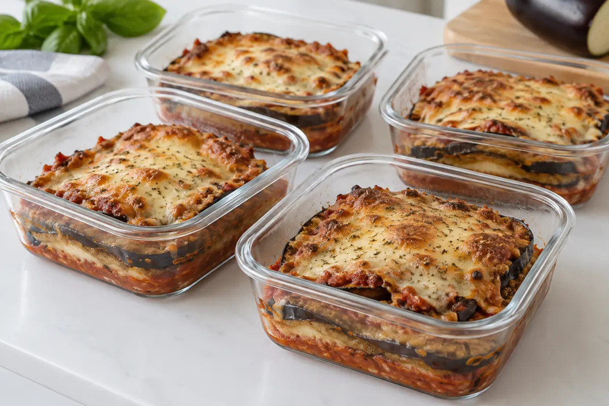 Baked eggplant Parmesan in shallow portions