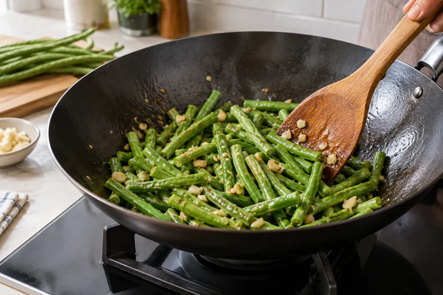 Cut long beans in a hot wok with garlic, pieces visibly cooked but intact, no raw-looking pod claim