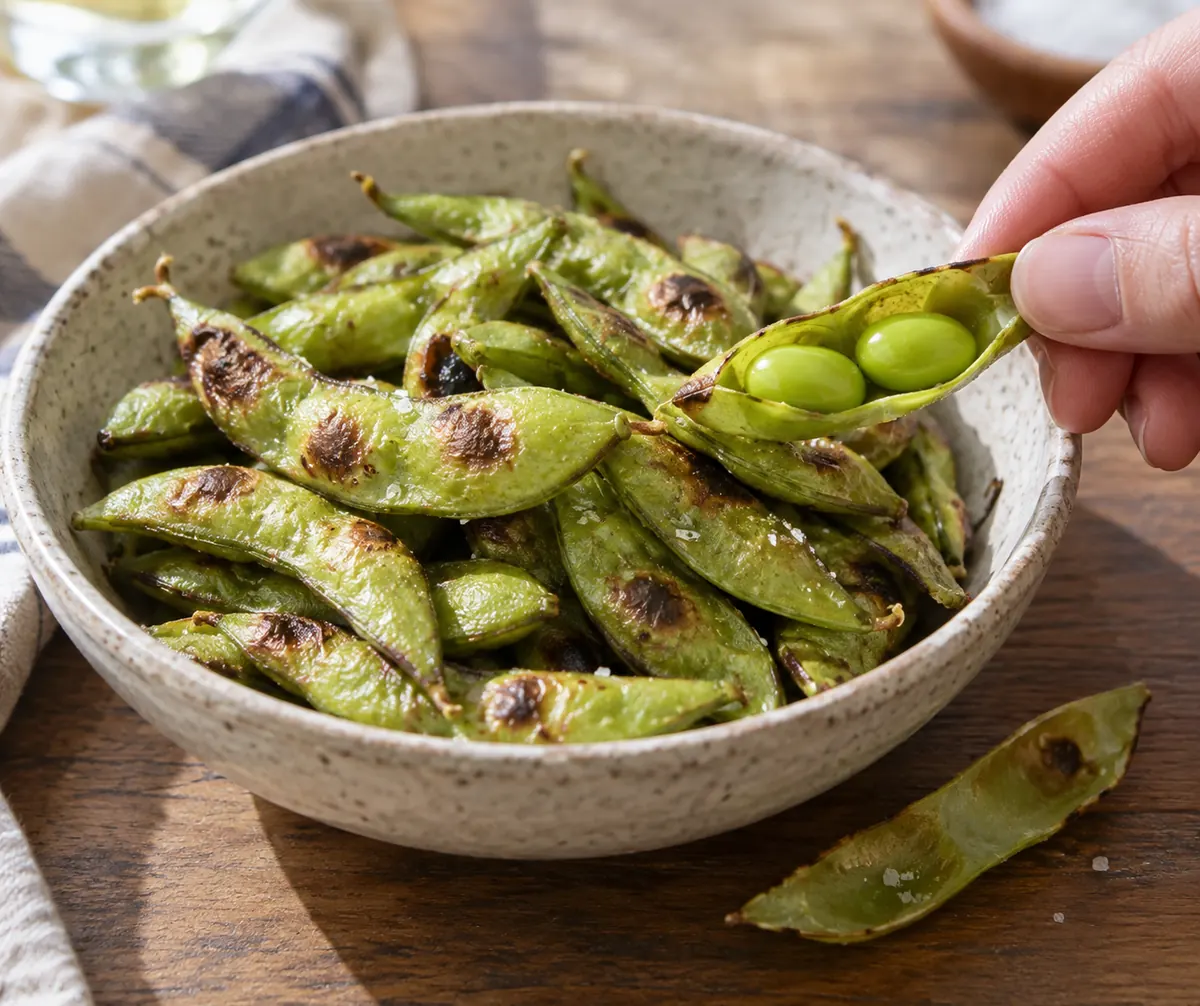 Roasted edamame pods with the edible beans visible inside