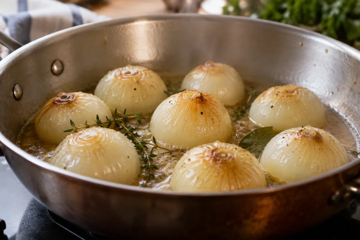Whole small onions braising while retaining their round shape
