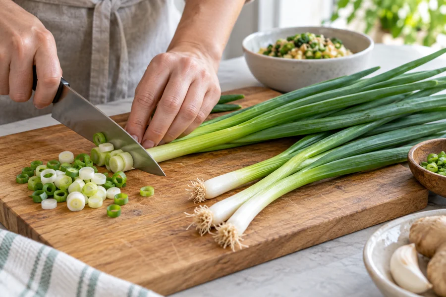 Fresh scallions with edible white bases and green tops being sliced on a board