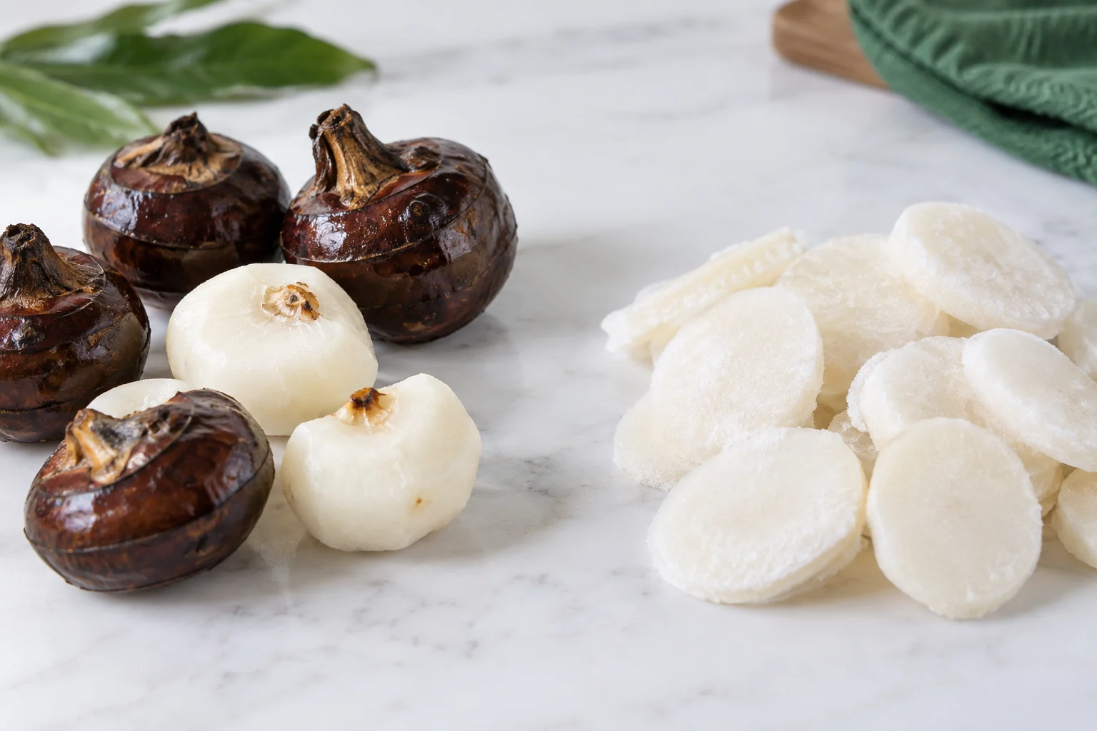 Fresh Chinese water chestnut corms beside peeled frozen slices