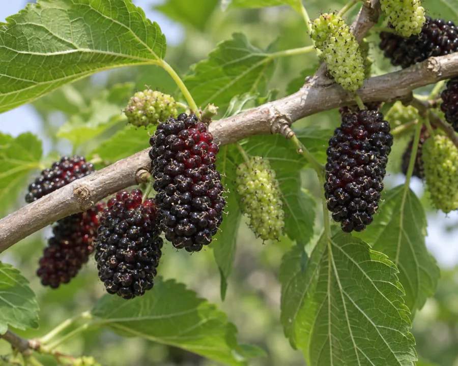 Ripe dark mulberries and pale immature fruit on one branch