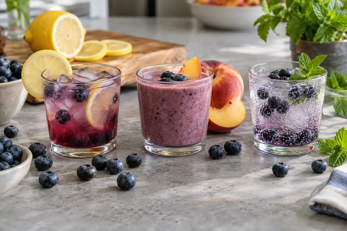Blueberry lemon peach and mint drinks.