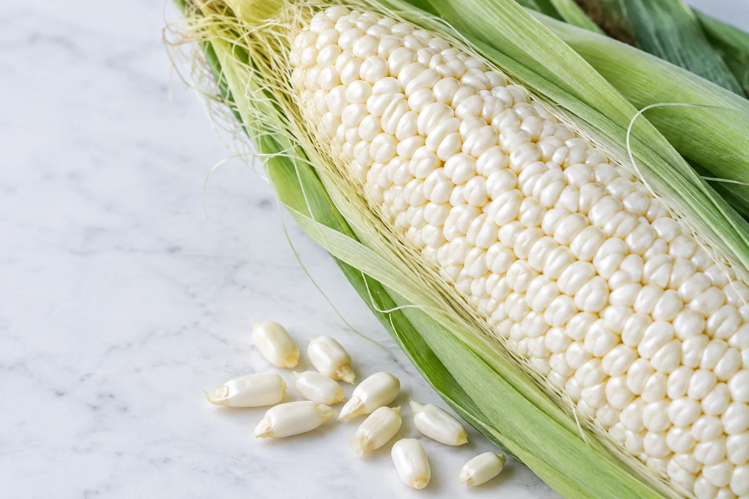 White sweet-corn ear with detached pale kernels